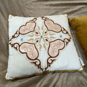 Patina Vie throw pillows yellow velour Pink Heart Embroidery cotton velvet 17" 2